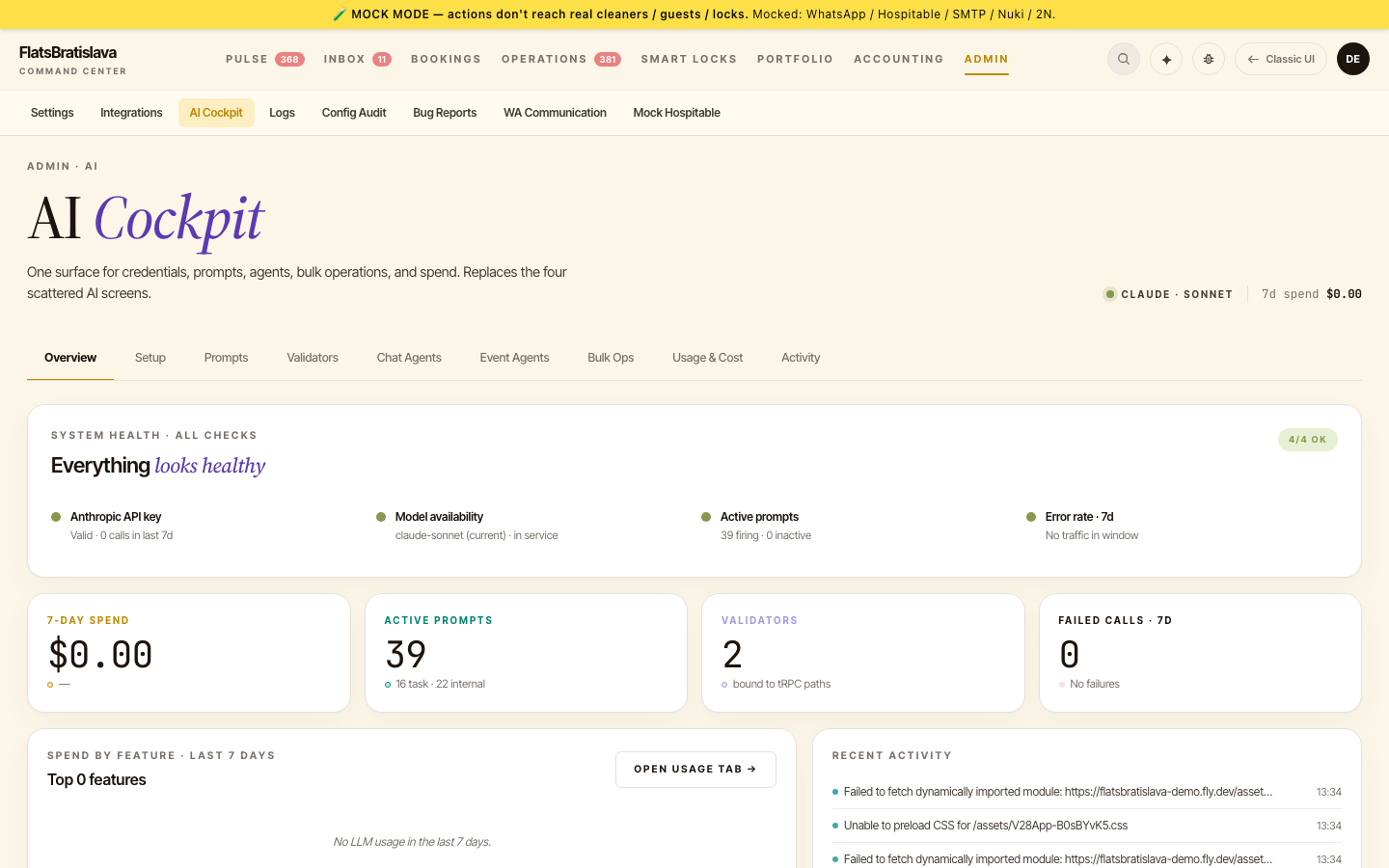 AI Cockpit Overview — system health, 7-day spend, active prompts, validators, failed calls