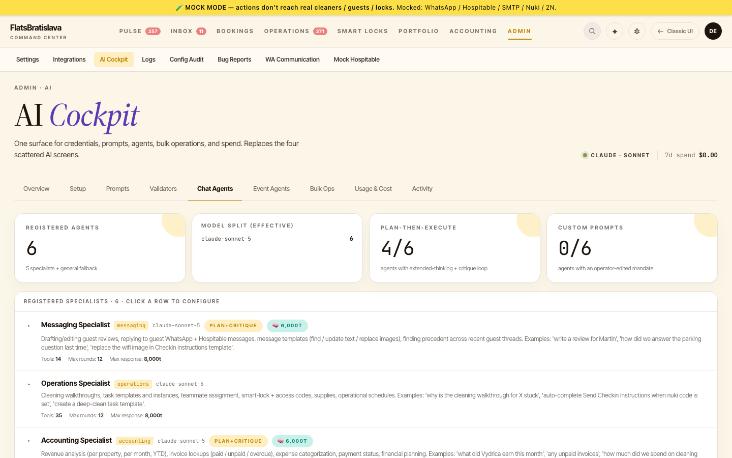 AI Cockpit → Chat Agents — per-specialist prompt + model + thinking budget + tool rounds