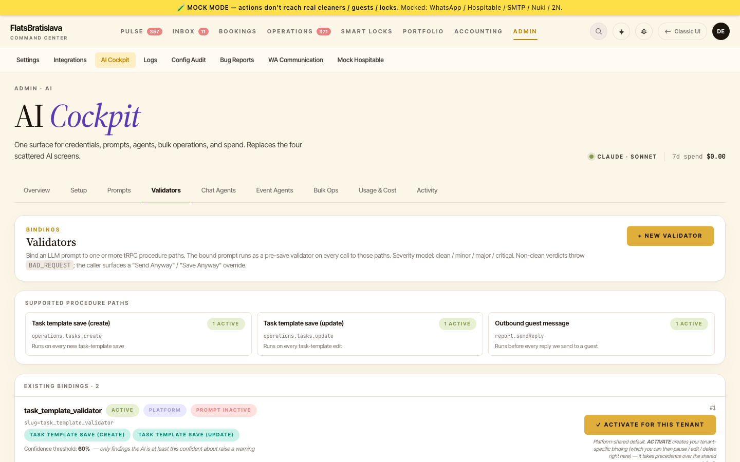 AI Cockpit → Validators — per-binding config + threshold + stats