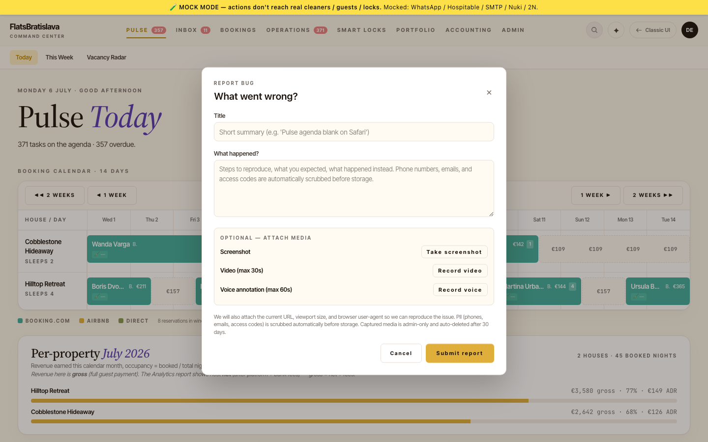 Report Bug capture modal — screenshot / video / voice + anonymize toggle + context