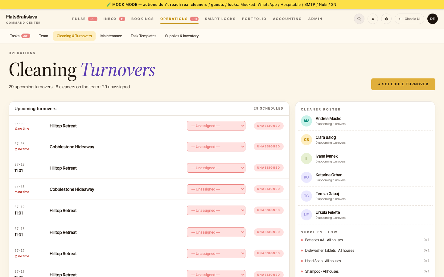 Cleaning & Turnovers board — operator surface for scheduled cleanings