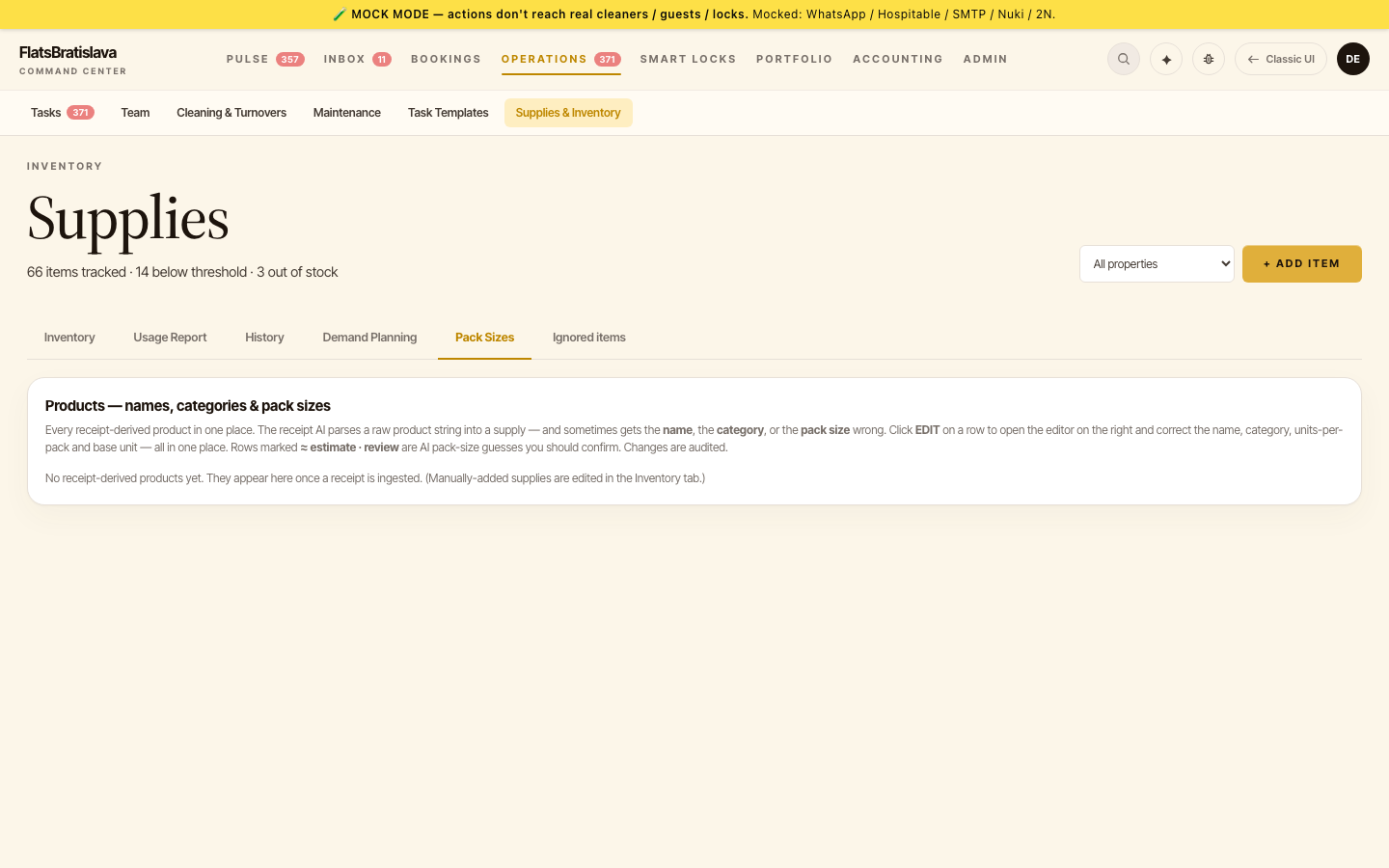 Pack Sizes editor — product-key → units-per-pack → base-unit + source + confirmedAt