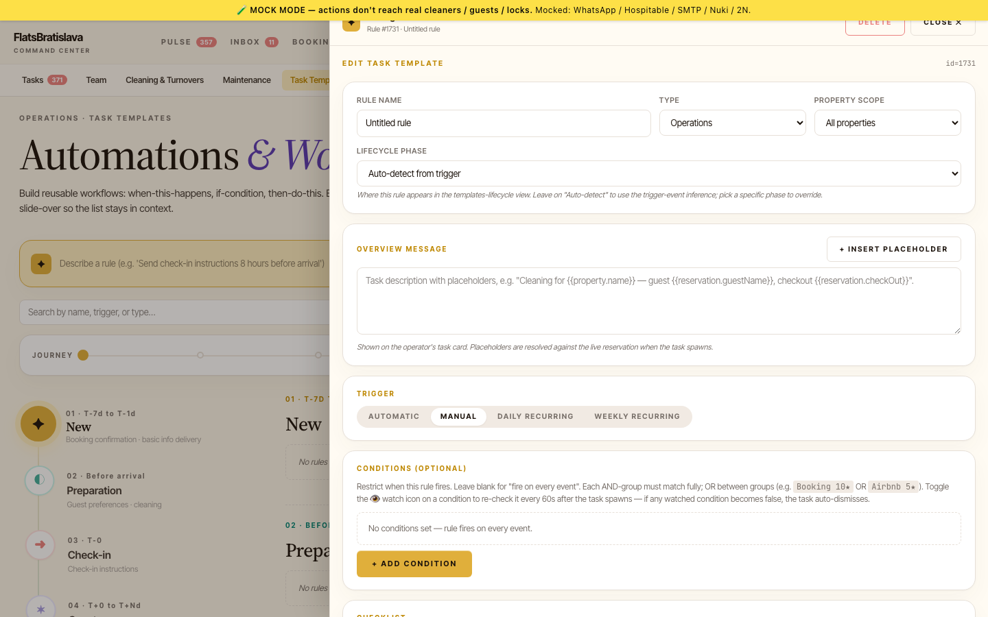 Task Template editor slide-over — RULE NAME, TYPE, PROPERTY SCOPE, LIFECYCLE PHASE, OVERVIEW MESSAGE, TRIGGER, CONDITIONS