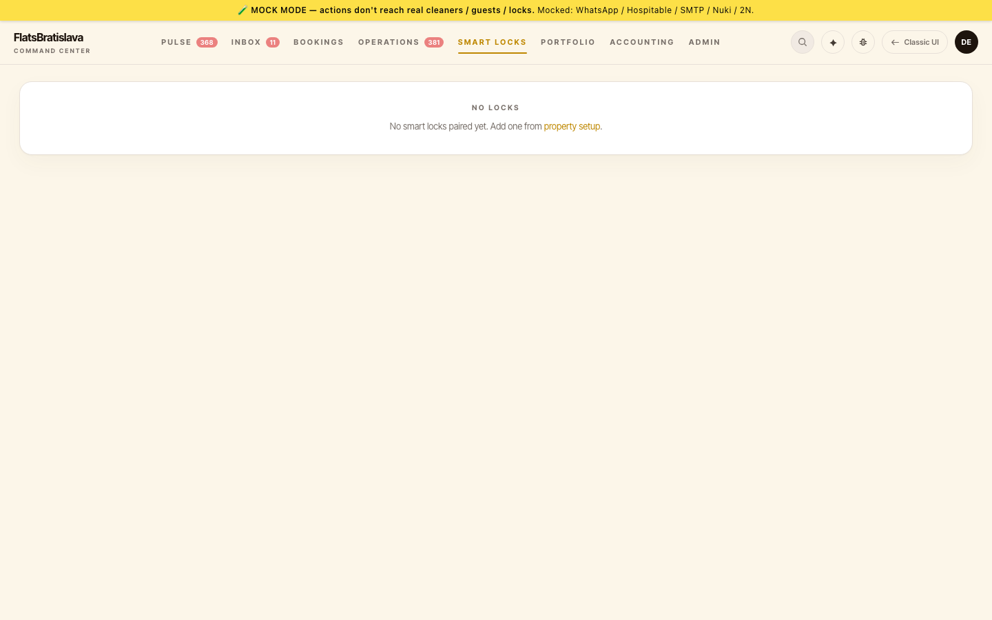 Smart Locks screen — no locks paired yet state; setup prompt links to property config